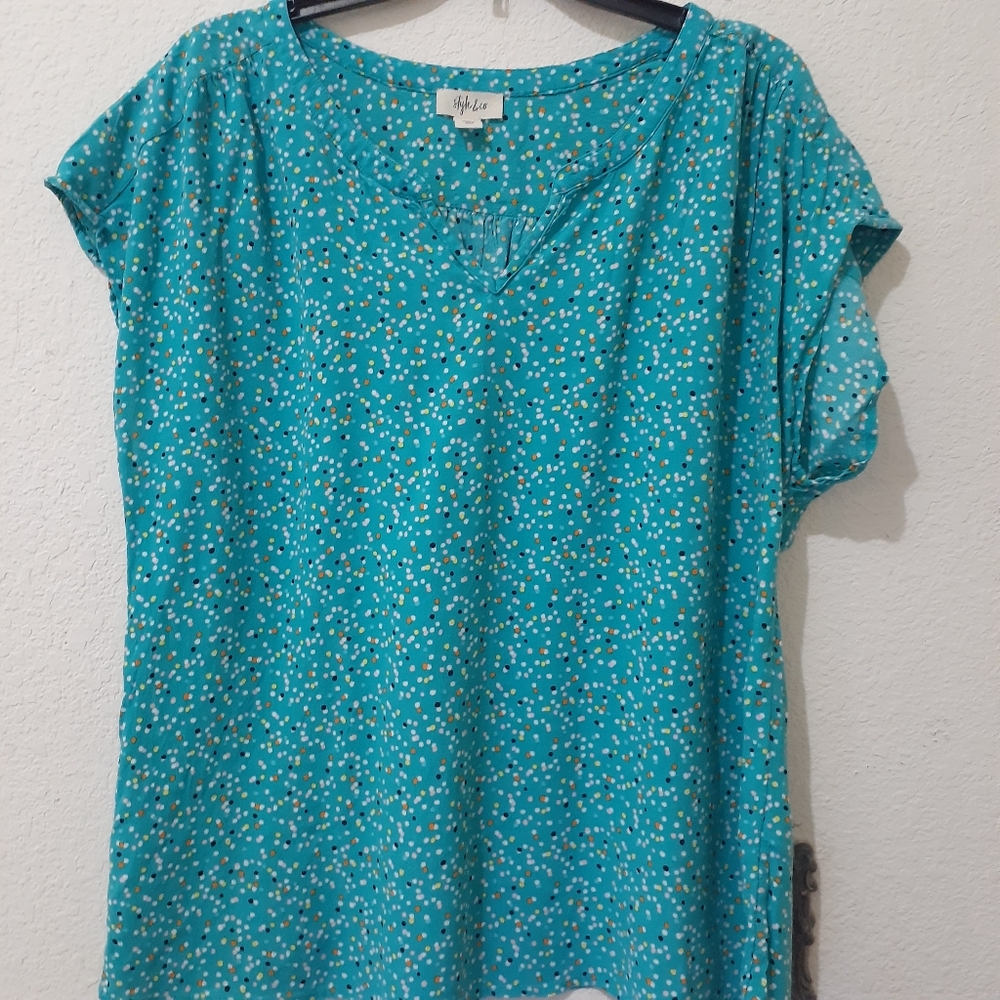 STYLE & CO Ocean Blue Polka Colorful Dots Blouse Extra Large